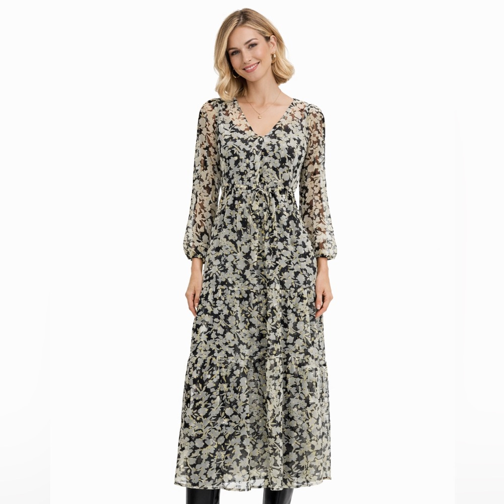 Mango Black and Cream Floral Midi Dress